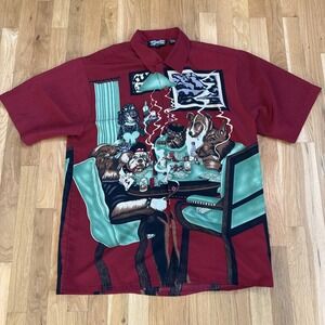 Dragonfly Camp Shirt Men's XL Red Dog Series Poker Gambling Smoking VTG
